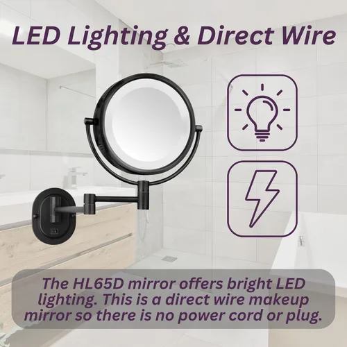 Vista 8 de JERDON Espejo de maquillaje de montaje en pared con cableado - 5X/1X - Negro - HL65BKD 8" de diámetro, brazo de pared de 14", iluminación LED