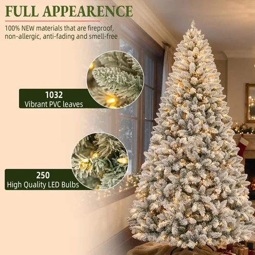 Vista 2 de Árbol de Navidad artificial con bisagras preiluminado flocado de Árbol flocado básico