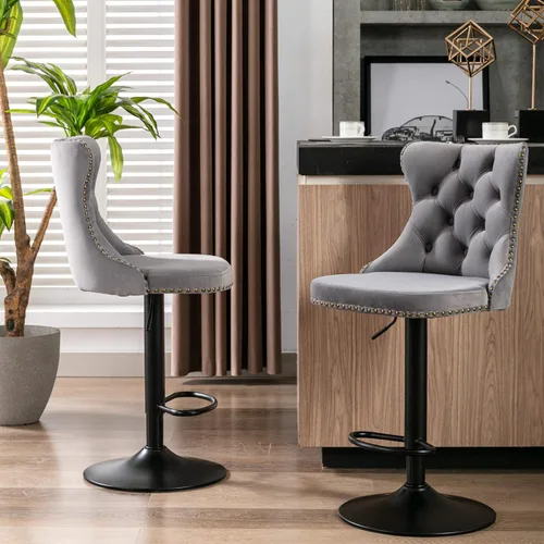 Vista 10 de Taburetes de bar giratorios de terciopelo ajustables para asiento de 25 a 33 pulgadas, modernos taburetes de bar tapizados con base cromada