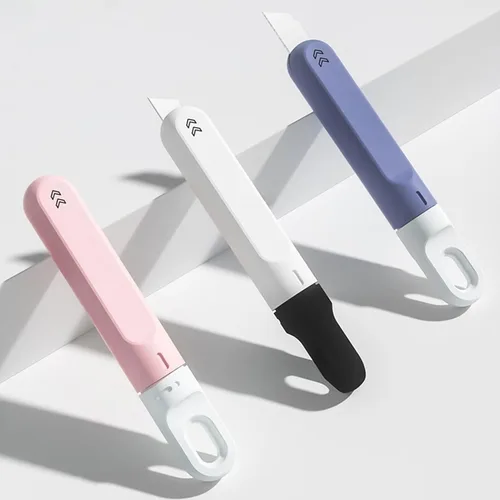 Vista 8 de 3 piezas de cortador de cajas pequeñas, cuchillo utilitario pequeño, mini cortador de caja rosa para mujeres que gira para retraer el abridor