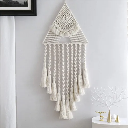Vista 4 de Tapiz de macramé tejido de algodón, estilo bohemio, atrapasueños, decoración de pared, 10.5 x 28 pulgadas