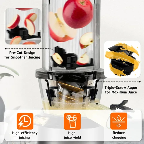 Vista 4 de Exprimidores de prensa en frío, exprimidor lento de masticación eléctrica HYSapientia para verduras y frutas, potente motor, sistema autoprecortado