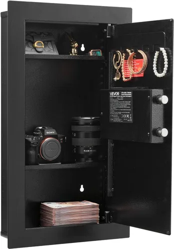 Vista 10 de VEVOR Caja fuerte de pared oculta de 3 niveles con huella digital, contraseña, llave y perilla giratoria, Q235 caja de pared de acero laminado