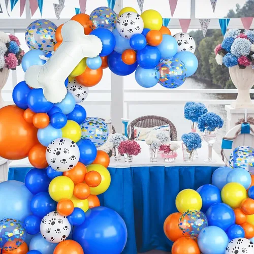 Vista 5 de Arco de globos de pata de perro, 105 piezas de guirnalda de globos con estampado de patas azules y naranjas, globos de papel de aluminio de hueso