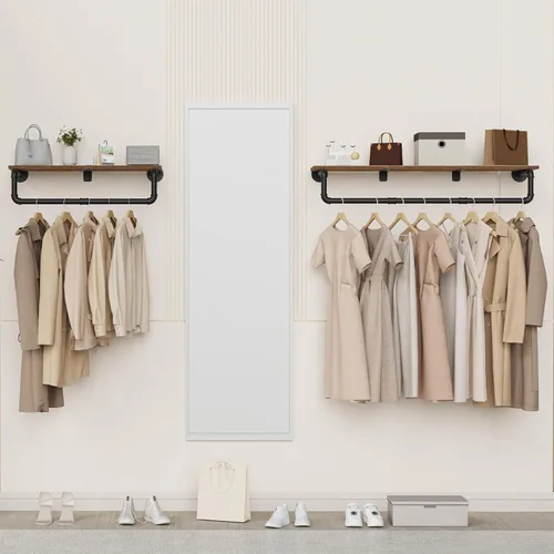 Vista 2 de Perchero Industrial de Tubería, Perchero de Ropa de Hierro Resistente Montado en Pared para Colgar Ropa, Estante con Barra para Colgar