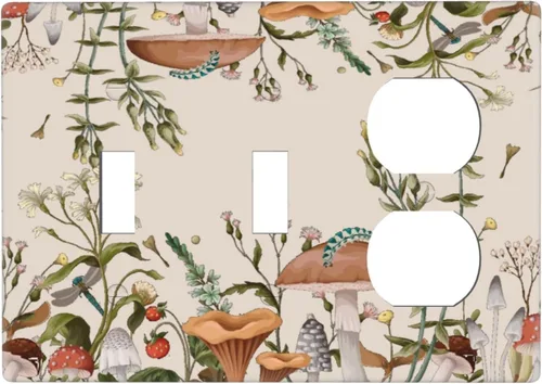 Vista 92 de Placa de Pared en Blanco de 1-Gang Sin Dispositivo Beige Lindo Vintage Boho de los 70s Hongo Fungus Planta Floral Botánica Libélula Interruptor