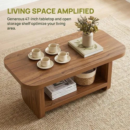 Vista 4 de LITTLE TREE Mesa auxiliar de madera, mesa central de 47.2 pulgadas con almacenamiento, mesas rectangulares modernas de granja para sala de estar