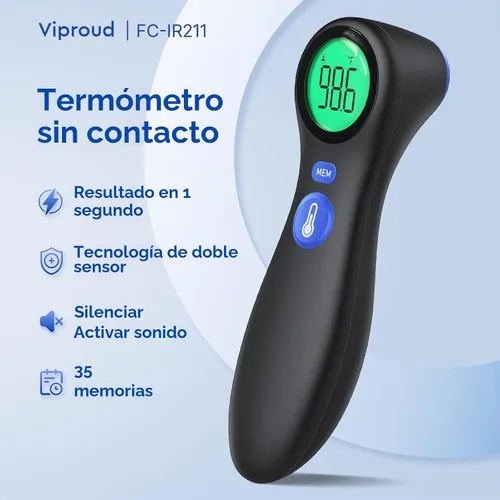 Vista 2 de Viproud Termómetro de frente para adultos y niños, resultados precisos y 1 segundo lectura, alarma de fiebre de 3 colores, sin contacto, modo Negro