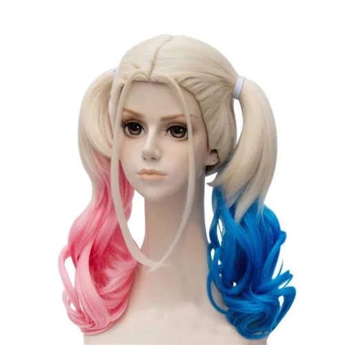 Vista 2 de Peluca rosa y azul para mujer, peluca rizada de cola de caballo para niña, disfraz de Halloween, fiesta, cosplay, peluca para niños (rosa y azul)