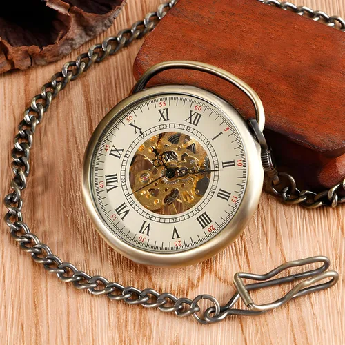 Vista 2 de Carrie Hughes Reloj de bolsillo steampunk esqueleto mano-viento números romanos cadena antigua para hombre mujer CH336, CH336, retro, moda, casual