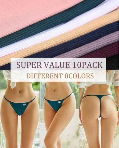 Vista 6 de FINETOO Paquete de 10 tangas ajustables para mujer, ropa interior sexy de tiro bajo, bragas de algodón para mujer, S-XL