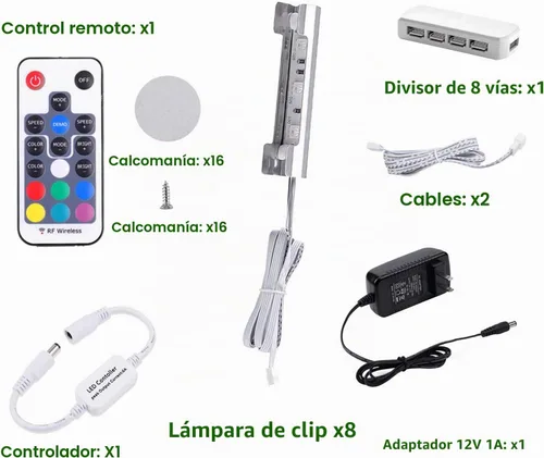 Vista 2 de AIBOO Kit de iluminación LED para estante de vidrio para iluminación lateral trasera con cable flexible y clip con control remoto RF (8 luces, RGB)