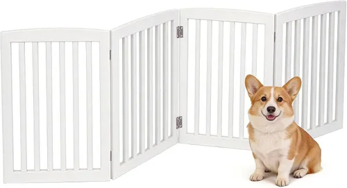 Vista 11 de ZENY Puerta para mascotas de 24 pulgadas, puerta plegable independiente para perros de 3 paneles, forma en Z, color blanco, valla de madera