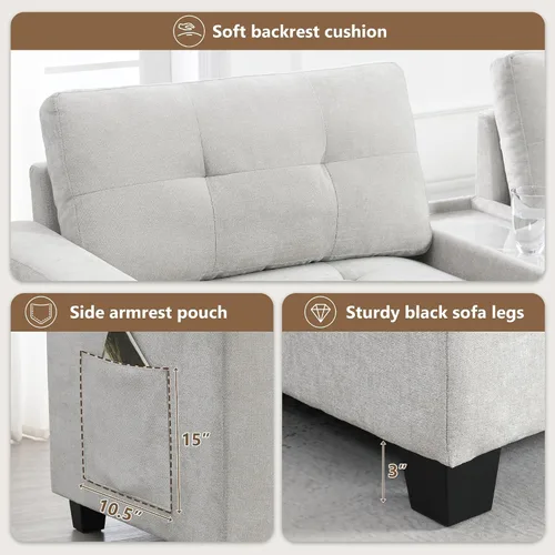 Vista 6 de Sofá modular de 103 pulgadas con 2 consolas acrílicas, juego de sofá en forma de U de gran tamaño con cargador USB, cajones de almacenamiento, Beige