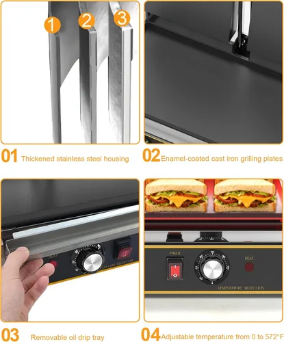 Vista 5 de Panini Press comercial - Parrilla eléctrica Panini de 3600 W, acero inoxidable, controles de temperatura duales, prensa doble sándwich con sartén