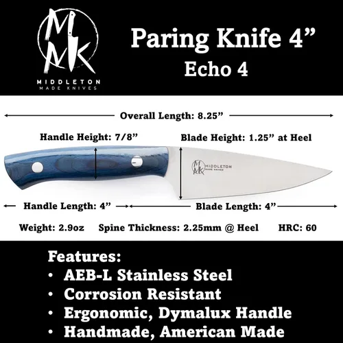 Vista 2 de Middleton Made Knives Echo 4 Cuchillo de pelar – Cuchillo de pelar de 4 pulgadas – Cuchillos de emparejamiento profesionales hechos a mano – Azul