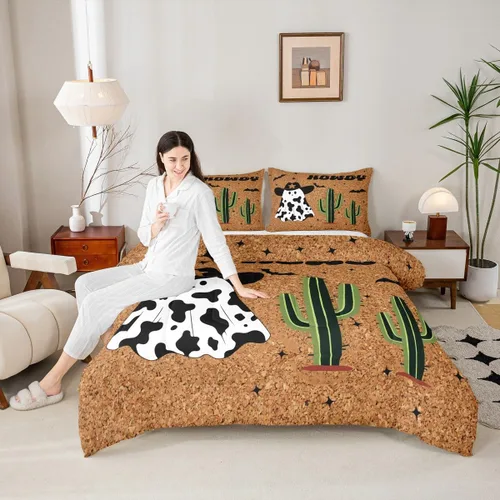 Vista 37 de Manfei Juego de edredón geométrico azteca, tamaño individual, juego de ropa de cama de cactus, vaquera occidental, decoración de habitación de niños