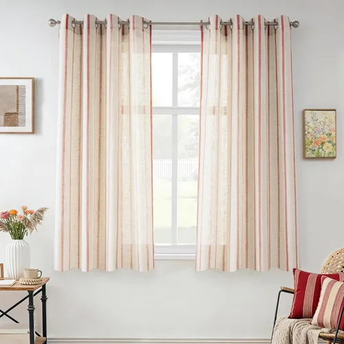 Vista 78 de DriftAway Cortinas de estilo granja con rayas verticales de lino mezclado texturizado con filtro de luz semitransparente para sala de estar