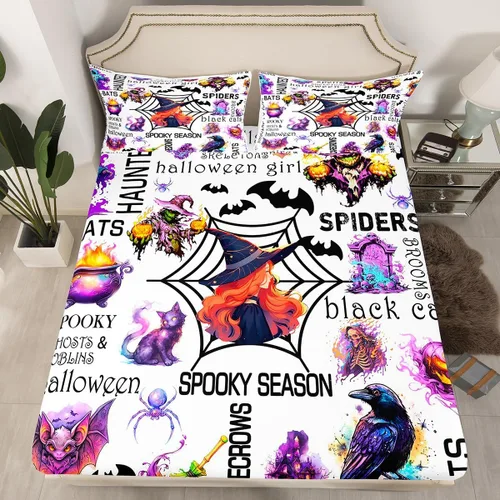 Vista 26 de Juego de sábanas bajeras con bonito diseño de gato negro para niños y niñas, diseño de dibujos animados de Halloween, gato, animales, sábanas