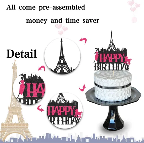 Vista 6 de Decoración para tartas de la Torre Eiffel de París de Feliz Cumpleaños para niñas y mujeres