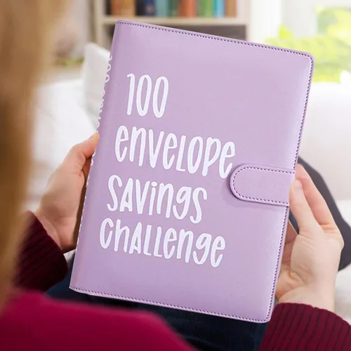 Vista 5 de Topaliving Carpeta de desafío de sobres de 100 días, forma fácil y divertida de ahorrar $5,050, carpeta de presupuesto con sobres de efectivo Azul