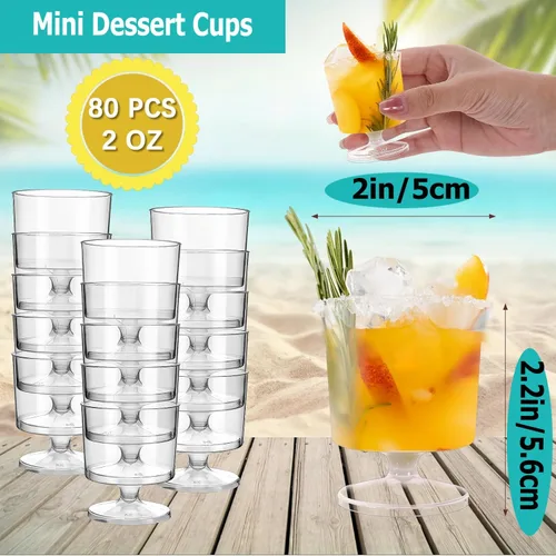Vista 2 de Mini vasos de postre de 2 onzas, paquete de 80 copas de vino de plástico transparente, vasos desechables para fiestas, bodas, cumpleaños