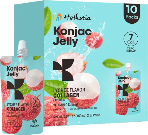 Vista 10 de Hethstia Konjac Jelly sabor a uva verde, 10 bolsas, gelatina de uva bebible con péptidos de colágeno, 7 Kcal, sin azúcar, sin gluten, keto, vegano