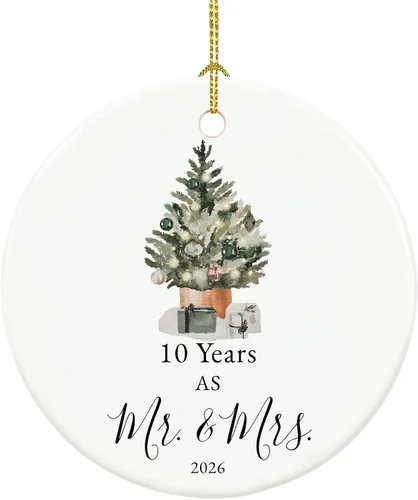 Vista 17 de Adorno de primer aniversario para parejas, recuerdo de boda para 1 año como Sr. y Sra., adorno de Navidad de cerámica con cinta y caja
