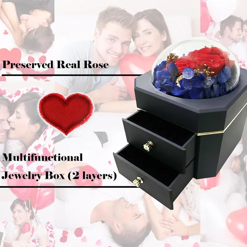 Vista 3 de QREIHLPY Joyero de flores preservadas, caja organizadora de joyas con doble cajón con patas de goma antideslizantes suaves, regalos para mujeres