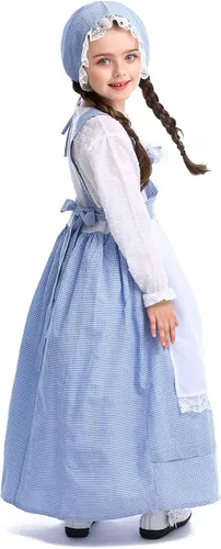 Vista 5 de LMYOVE Disfraz de pionera para niñas vestido colonial de manga larga con delantal colonial para niños color azul 5-10 años