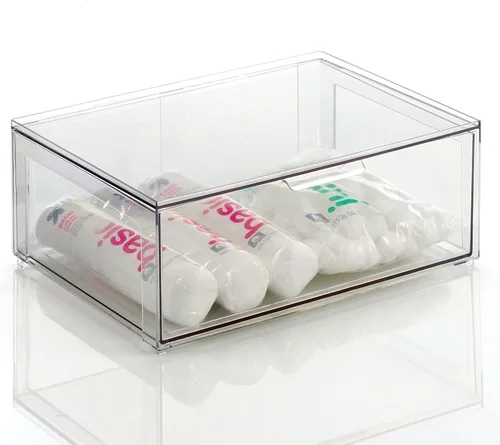 Vista 10 de mDesign - Contenedores organizadores de almacenamiento apilables de plástico para baño con cajón frontal extraíble para encimera de baño, tocador
