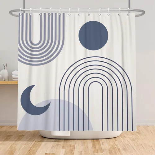 Vista 4 de Cortina de ducha moderna y bohemia, cortinas de ducha minimalistas estéticas azules de mediados de siglo para baño, cortinas de baño impermeables
