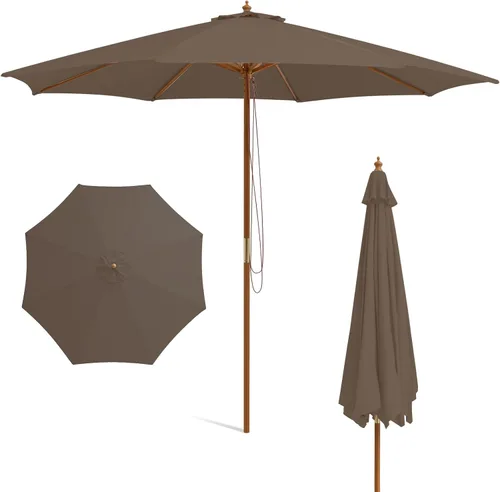 Vista 13 de HAPPYGRILL Sombrilla de patio de 9 pies, sombrilla de mercado para mesa al aire libre con 8 varillas de bambú resistentes, poste de madera, toldo