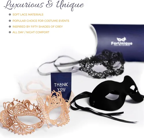 Vista 6 de Masquerade Mask for Couples Women and Men - 3 Pack Venetian Gold and Black Lace, Mardi Gras Mask