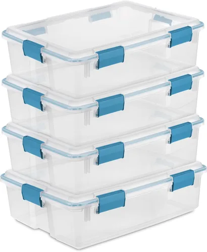 Vista 22 de Sterilite 19414306 - Caja de almacenamiento de plástico transparente de 7.5 cuartos y tapa con pestillos azules