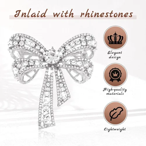 Vista 5 de Elegante broche de lazo de diamantes de imitación para mujer, pin de solapa con lazo de cristal brillante, vintage para novia, vestido de boda