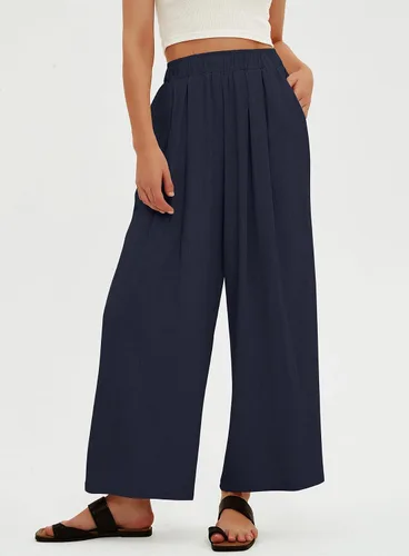 Vista 4 de Beaully Pantalones de lino para mujer, cintura alta, pierna ancha, pantalones palazzo, casuales, holgados, largos con bolsillos