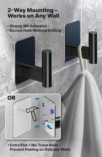 Vista 2 de 4smile Ganchos adhesivos para toallas para baños, juego de 4 percheros autoadhesivos negros, ganchos resistentes, incluye clavos de montaje