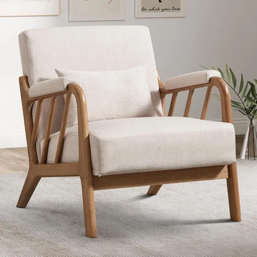 Vista 15 de INZOY Silla con acento moderno de mediados de siglo con marco de madera, sillas tapizadas para sala de estar con cojín lumbar, silla de lectura