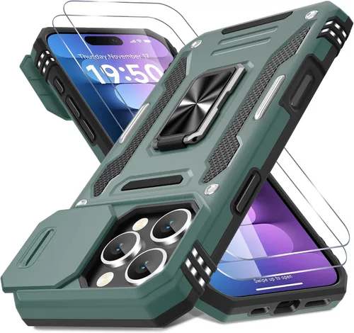 Vista 41 de DEERLAMN Funda para iPhone 16 Pro con cubierta deslizante para cámara + protector de pantalla (2 unidades), soporte de anillo giratorio de grado