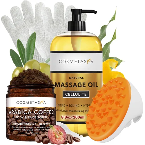 Vista 10 de Cosmetasa Kit de aceite de masaje – Aceite de masaje anticelulitis con café arábica orgánico exfoliante facial y corporal, guantes exfoliantes