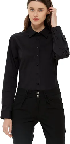 Vista 4 de Blusa de trabajo con botones para mujer, de algodón elástico, manga larga, ajuste delgado