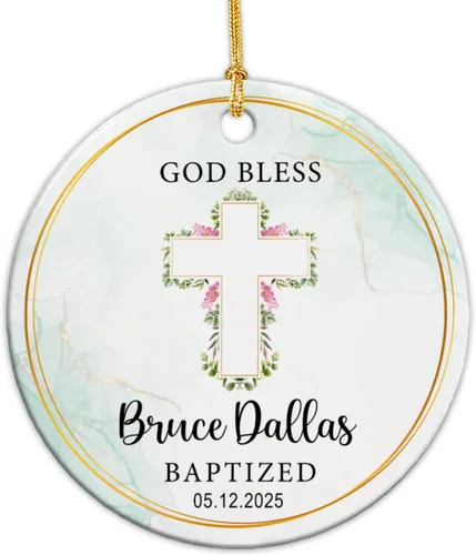 Vista 9 de Adorno de cerámica de bautizo bautizado con oso, recuerdo de bautizo personalizado de animales, adorno de bautismo personalizado de Dios bendiga