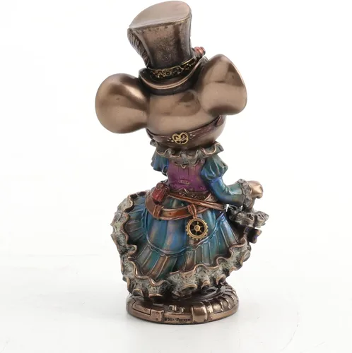 Vista 3 de Veronese Design 5 1/2 Steampunk Lady Mouse con sombrero de copa y sombrilla Animal Figurine Acabado Bronce