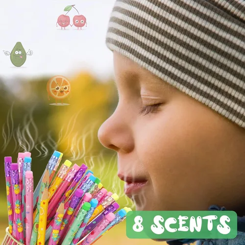 Vista 3 de Leinuosen 96 lápices para niños, perfumados, lindos lápices motivacionales de verano con borrador a granel para niños, estudiantes, escuela, aula