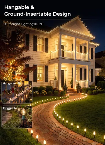 Vista 2 de Brightown C9 LED Christmas Pathway Lights, 25.8 Ft Christmas Path Lights with 20 Bulbs and Stakes, Connectable Waterproof String Light for Walkway