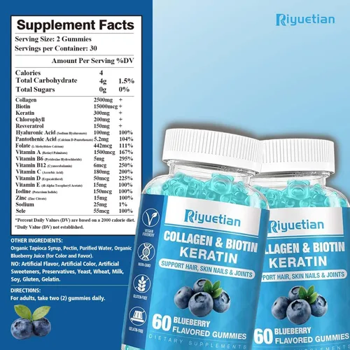 Vista 2 de Gomitas de biotina de 15000 mcg con colágeno para adultos, mujeres y hombres - Gomitas para cabello, piel y uñas con biotina - Colágeno para mujer