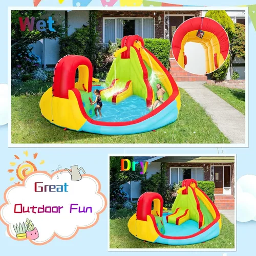 Vista 7 de KOTEK Tobogán acuático inflable, tobogán acuático 8 en 1 con 2 toboganes, 2 paredes de escalada, piscina y cañón de agua, toboganes acuáticos
