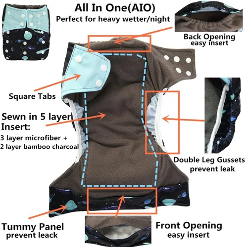 Vista 8 de AIll in One Night AIO Pañal de tela cosido en inserto reutilizable lavable para niñas (follaje de colibríes)