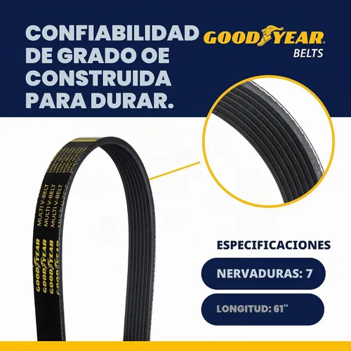 Vista 2 de Goodyear Belts 1070610 Correa serpentina, 7 nervaduras, 61 pulgadas de longitud Heavy-Duty Engine Belt, Abrasion-Resistant, Anti-Slip Design, High